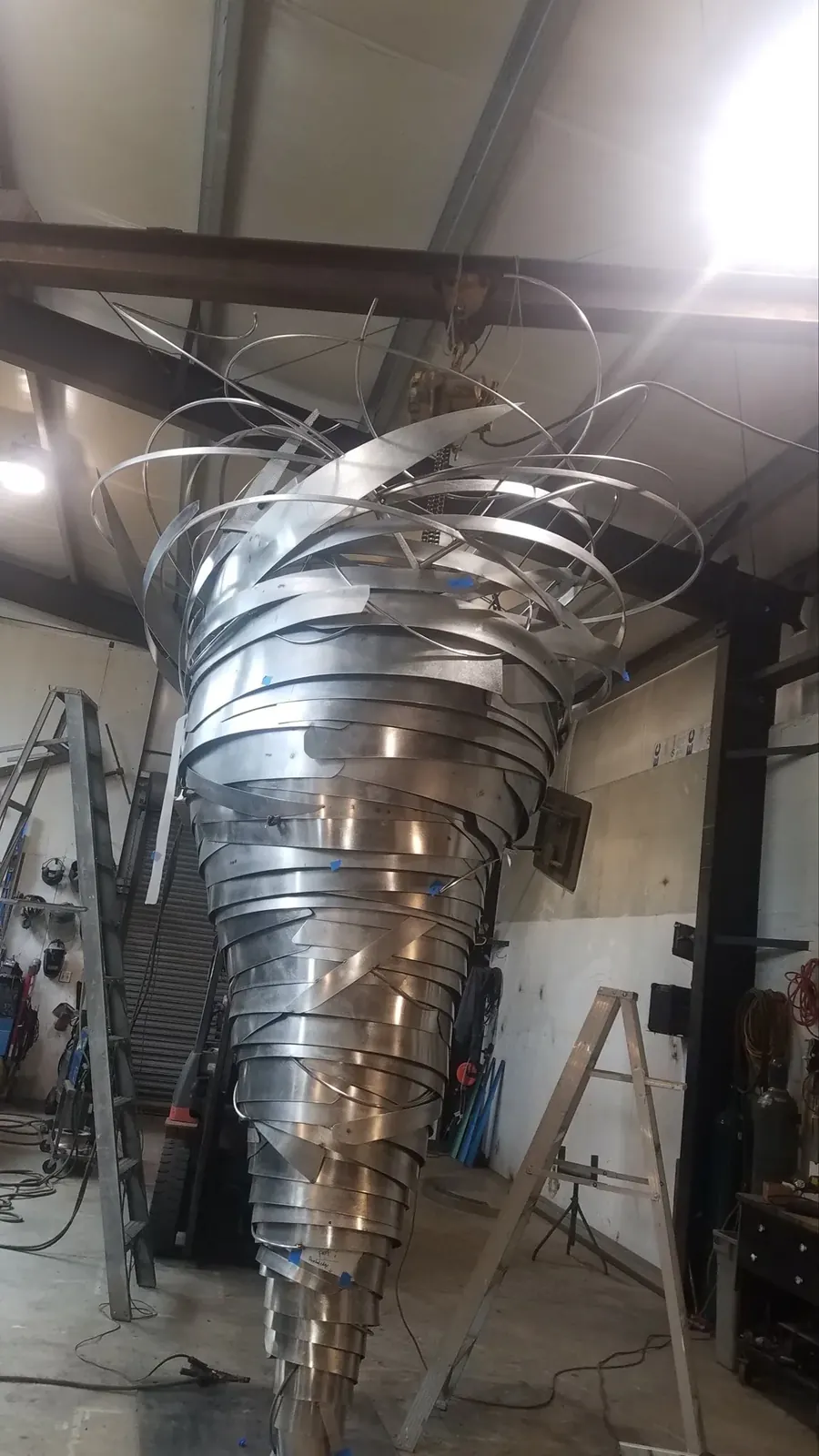 The spiral sculpture during shop fabrication.