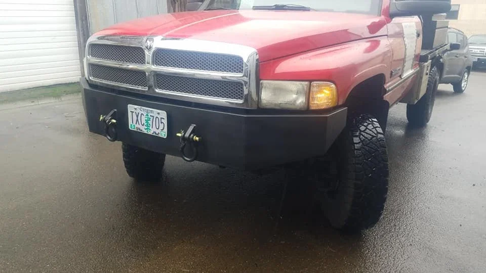 Completed bumper on the red truck outdoors